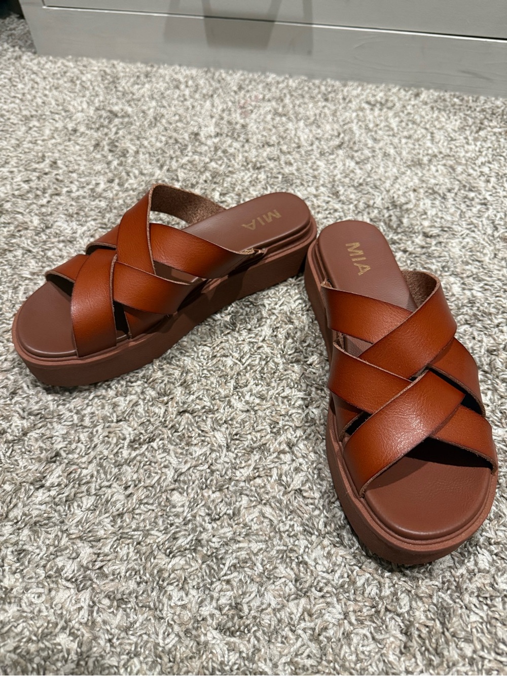 MIA Women's Brown Crisscross Platform Slide Sandals